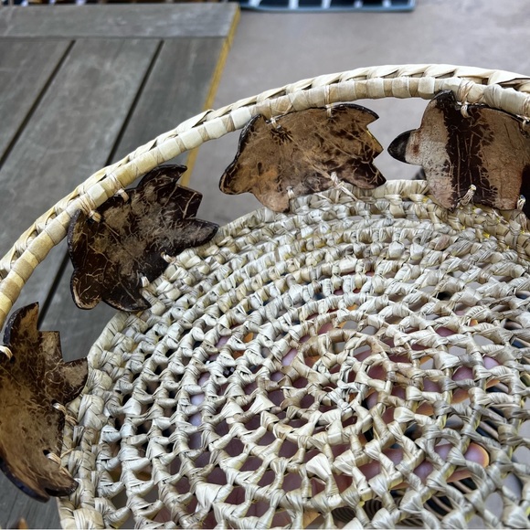 Hand Woven SeagrassTurtle Carved Coconut Shell Round Basket - Picture 6 of 8